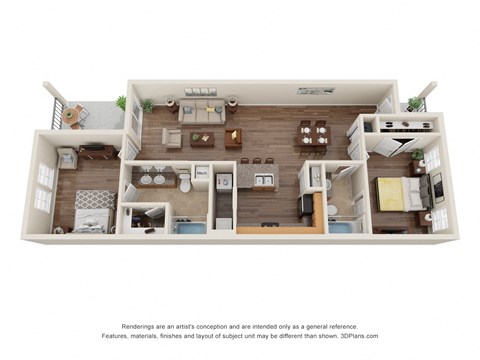Floor plan for 2 beds, 2 baths, 1054 sqft
